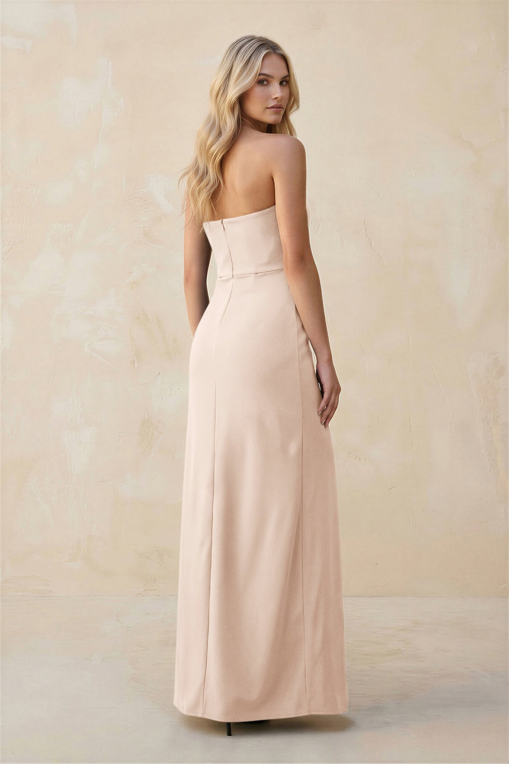 Strapless Sheath Satin Bridesmaid Dress With Slit in Buttercream - KISS BRIDAL Bridesmaid Dresses