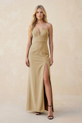 Strapless Sheath Satin Bridesmaid Dress With Slit in Champagne - KISS BRIDAL Bridesmaid Dresses