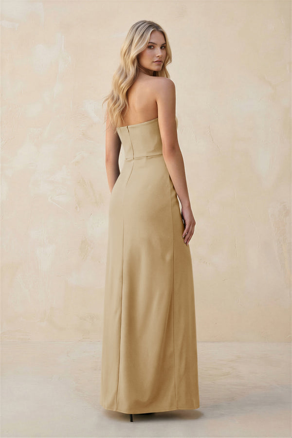 Strapless Sheath Satin Bridesmaid Dress With Slit in Champagne - KISS BRIDAL Bridesmaid Dresses