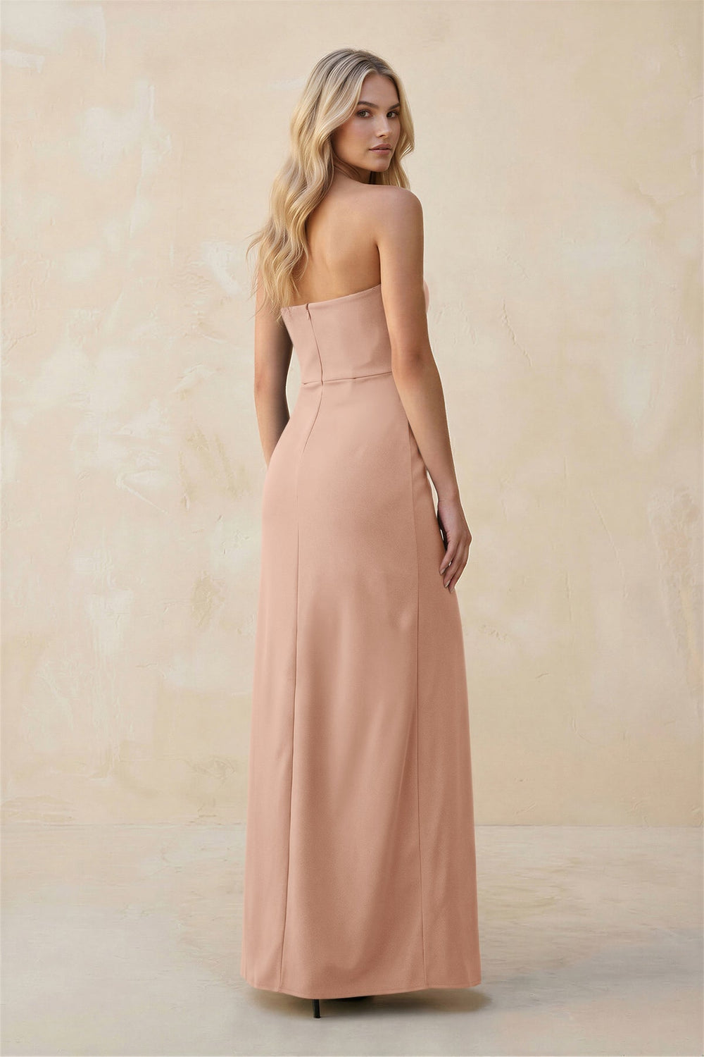 Strapless Sheath Satin Bridesmaid Dress With Slit in Champagne Rose - KISS BRIDAL Bridesmaid Dresses