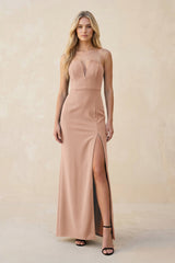 Strapless Sheath Satin Bridesmaid Dress With Slit in Champagne Rose - KISS BRIDAL Bridesmaid Dresses