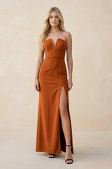 Strapless Sheath Satin Bridesmaid Dress With Slit in Cinnamon - KISS BRIDAL Bridesmaid Dresses