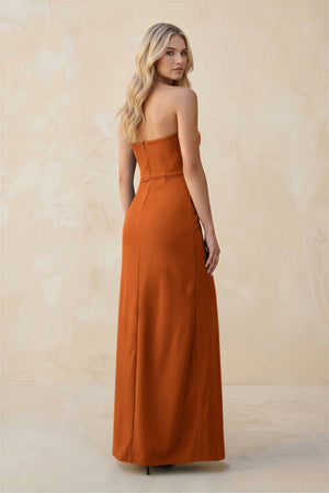 Strapless Sheath Satin Bridesmaid Dress With Slit in Cinnamon - KISS BRIDAL Bridesmaid Dresses
