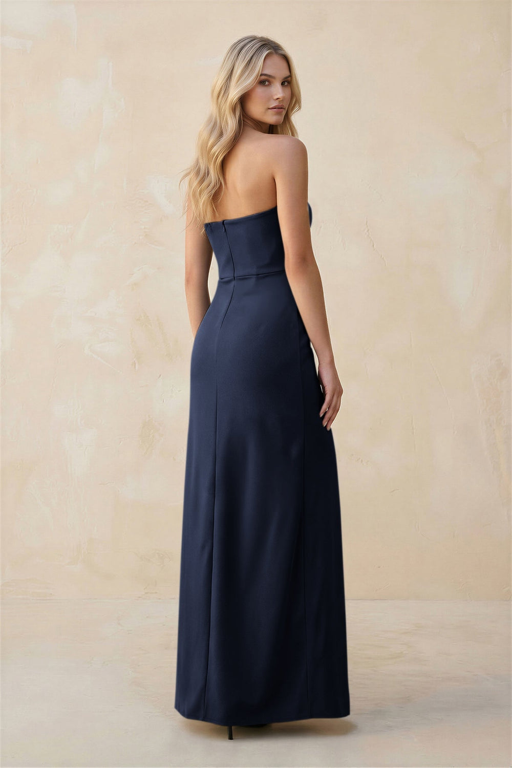 Strapless Sheath Satin Bridesmaid Dress With Slit in Dark Navy - KISS BRIDAL Bridesmaid Dresses