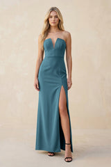 Strapless Sheath Satin Bridesmaid Dress With Slit in Dark Teal - KISS BRIDAL Bridesmaid Dresses