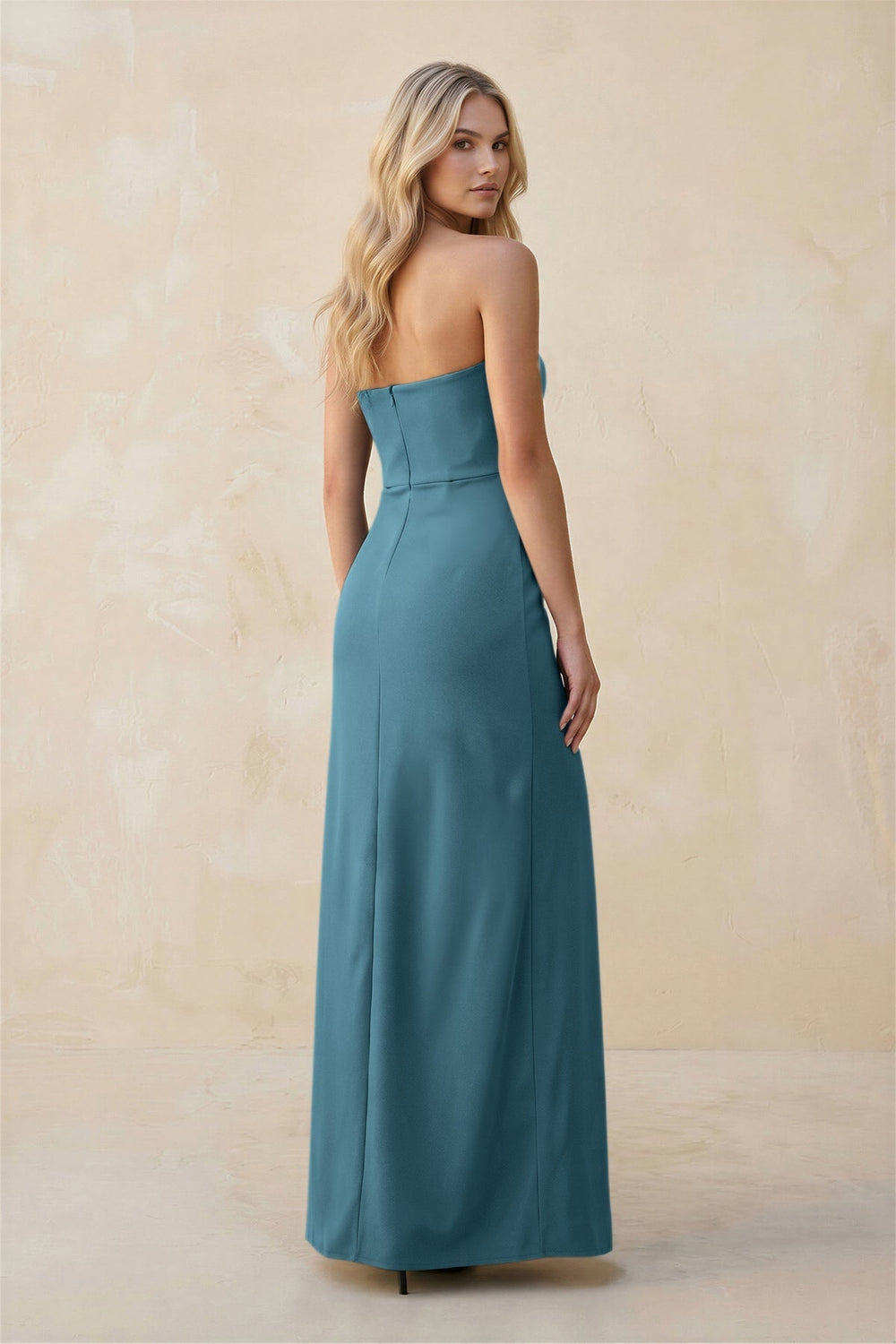 Strapless Sheath Satin Bridesmaid Dress With Slit in Dark Teal - KISS BRIDAL Bridesmaid Dresses