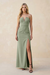 Strapless Sheath Satin Bridesmaid Dress With Slit in Dove Gray - KISS BRIDAL Bridesmaid Dresses