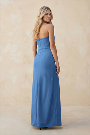 Strapless Sheath Satin Bridesmaid Dress With Slit in Dusty Blue - KISS BRIDAL Bridesmaid Dresses