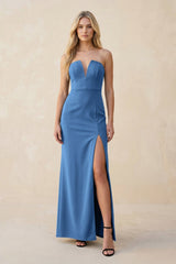 Strapless Sheath Satin Bridesmaid Dress With Slit in Dusty Blue - KISS BRIDAL Bridesmaid Dresses