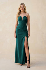 Strapless Sheath Satin Bridesmaid Dress With Slit in Emerald - KISS BRIDAL Bridesmaid Dresses