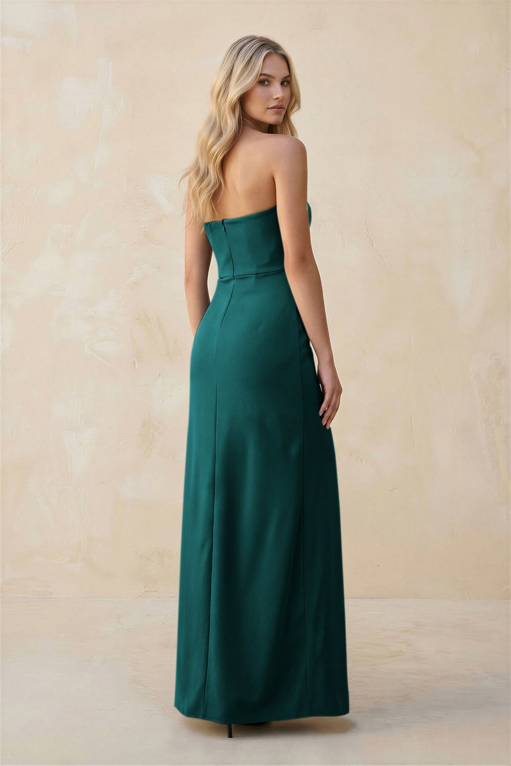 Strapless Sheath Satin Bridesmaid Dress With Slit in Emerald - KISS BRIDAL Bridesmaid Dresses