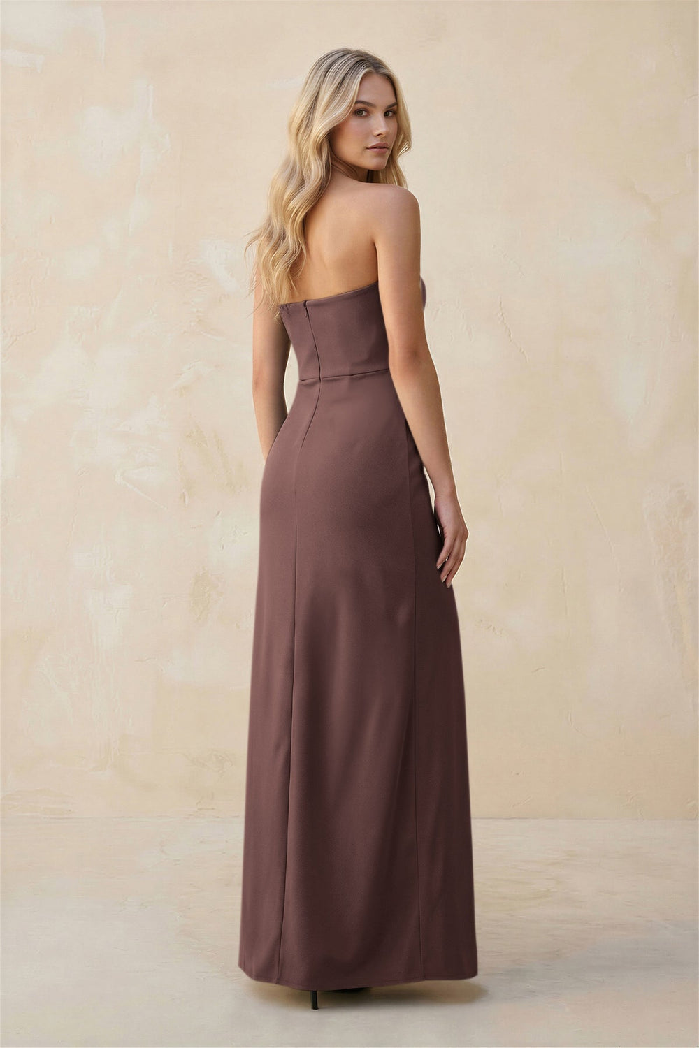 Strapless Sheath Satin Bridesmaid Dress With Slit in Espresso - KISS BRIDAL Bridesmaid Dresses