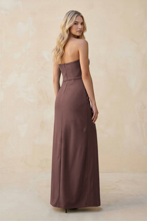 Strapless Sheath Satin Bridesmaid Dress With Slit in Espresso - KISS BRIDAL Bridesmaid Dresses
