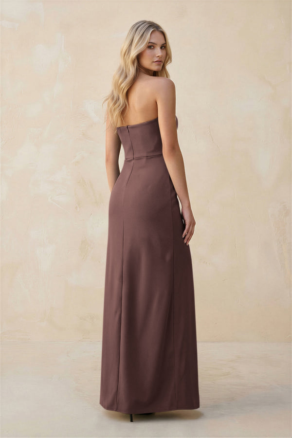 Strapless Sheath Satin Bridesmaid Dress With Slit in Espresso - KISS BRIDAL Bridesmaid Dresses