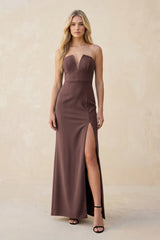 Strapless Sheath Satin Bridesmaid Dress With Slit in Espresso - KISS BRIDAL Bridesmaid Dresses