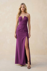 Strapless Sheath Satin Bridesmaid Dress With Slit in Fig - KISS BRIDAL Bridesmaid Dresses