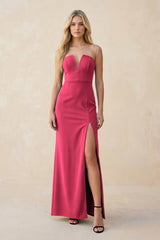 Strapless Sheath Satin Bridesmaid Dress With Slit in Fuchsia - KISS BRIDAL Bridesmaid Dresses