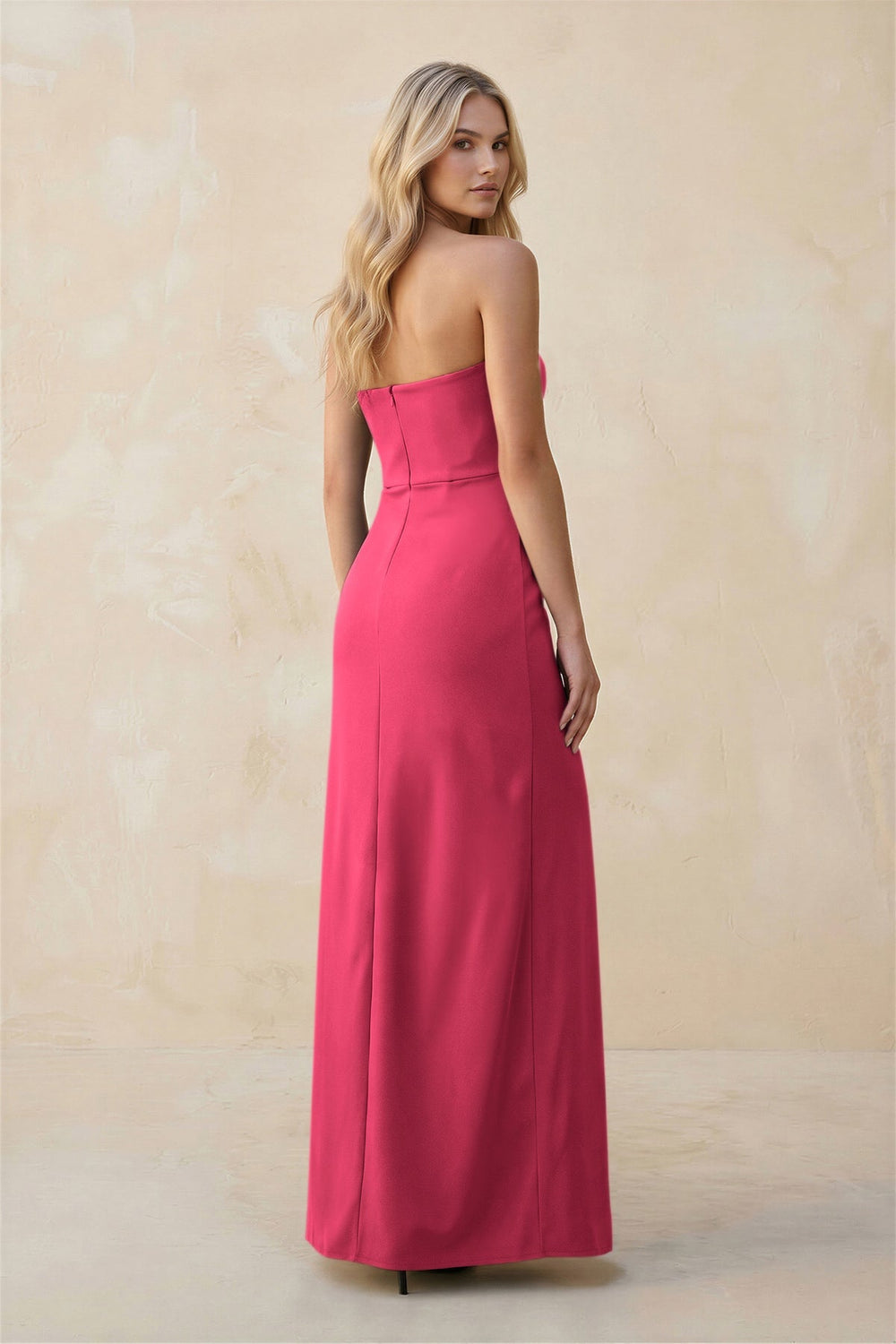 Strapless Sheath Satin Bridesmaid Dress With Slit in Fuchsia - KISS BRIDAL Bridesmaid Dresses