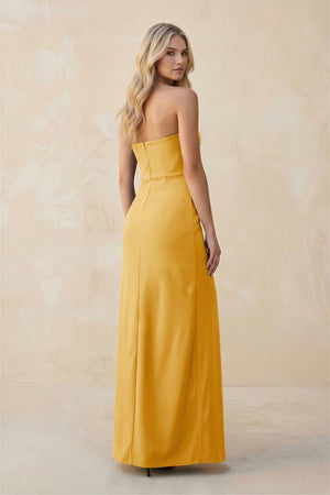 Strapless Sheath Satin Bridesmaid Dress With Slit in Gold - KISS BRIDAL Bridesmaid Dresses