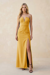 Strapless Sheath Satin Bridesmaid Dress With Slit in Gold - KISS BRIDAL Bridesmaid Dresses