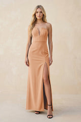 Strapless Sheath Satin Bridesmaid Dress With Slit in Golden Champagne - KISS BRIDAL Bridesmaid Dresses