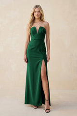 Strapless Sheath Satin Bridesmaid Dress With Slit in Green - KISS BRIDAL Bridesmaid Dresses