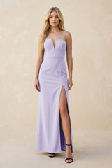 Strapless Sheath Satin Bridesmaid Dress With Slit in Lavender - KISS BRIDAL Bridesmaid Dresses
