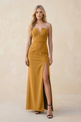 Strapless Sheath Satin Bridesmaid Dress With Slit in Marigold - KISS BRIDAL Bridesmaid Dresses