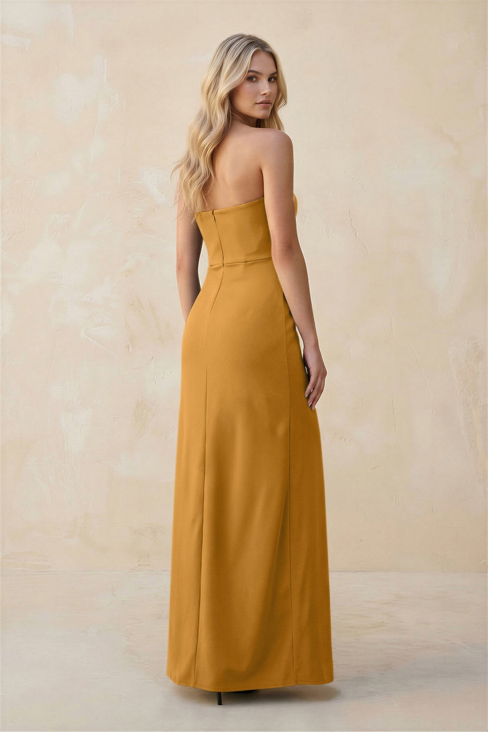 Strapless Sheath Satin Bridesmaid Dress With Slit in Marigold - KISS BRIDAL Bridesmaid Dresses