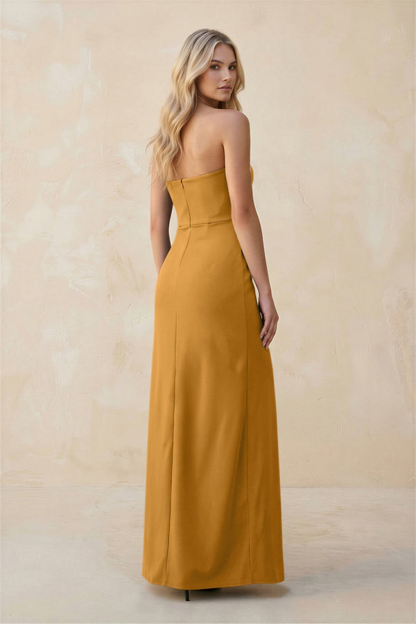 Strapless Sheath Satin Bridesmaid Dress With Slit in Marigold - KISS BRIDAL Bridesmaid Dresses
