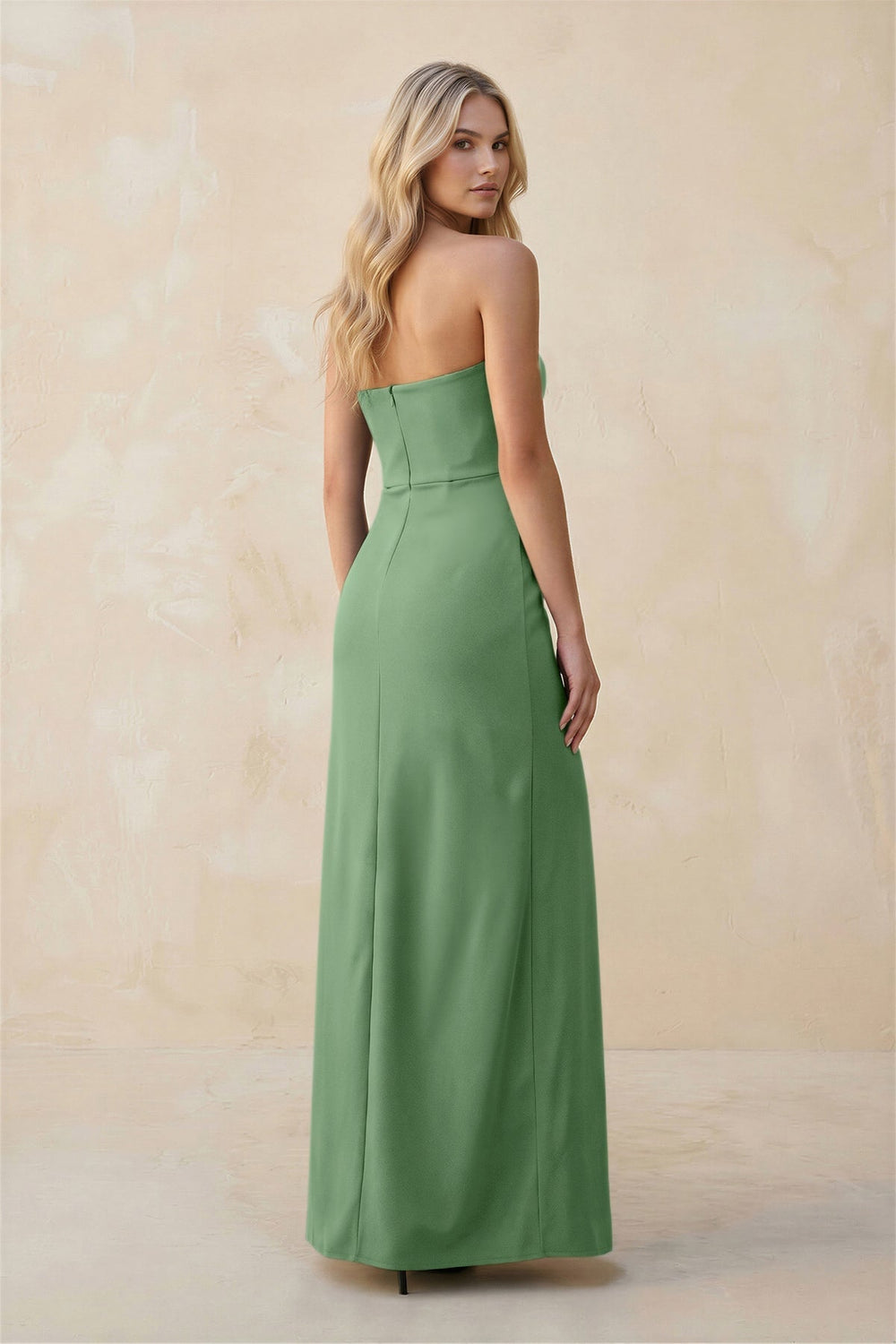 Strapless Sheath Satin Bridesmaid Dress With Slit in Matcha - KISS BRIDAL Bridesmaid Dresses
