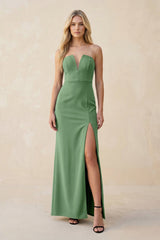 Strapless Sheath Satin Bridesmaid Dress With Slit in Matcha - KISS BRIDAL Bridesmaid Dresses
