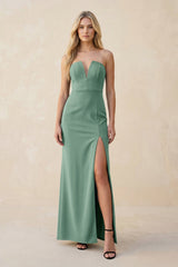 Strapless Sheath Satin Bridesmaid Dress With Slit in Mint Green - KISS BRIDAL Bridesmaid Dresses