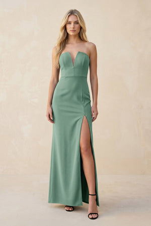 Strapless Sheath Satin Bridesmaid Dress With Slit in Mint Green - KISS BRIDAL Bridesmaid Dresses