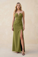 Strapless Sheath Satin Bridesmaid Dress With Slit in Moss Green - KISS BRIDAL Bridesmaid Dresses