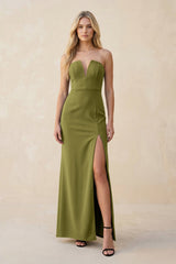 Strapless Sheath Satin Bridesmaid Dress With Slit in Moss Green - KISS BRIDAL Bridesmaid Dresses