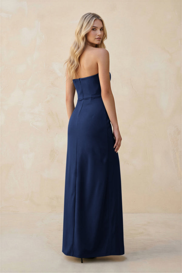 Strapless Sheath Satin Bridesmaid Dress With Slit in Navy - KISS BRIDAL Bridesmaid Dresses