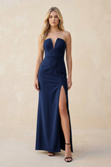Strapless Sheath Satin Bridesmaid Dress With Slit in Navy - KISS BRIDAL Bridesmaid Dresses