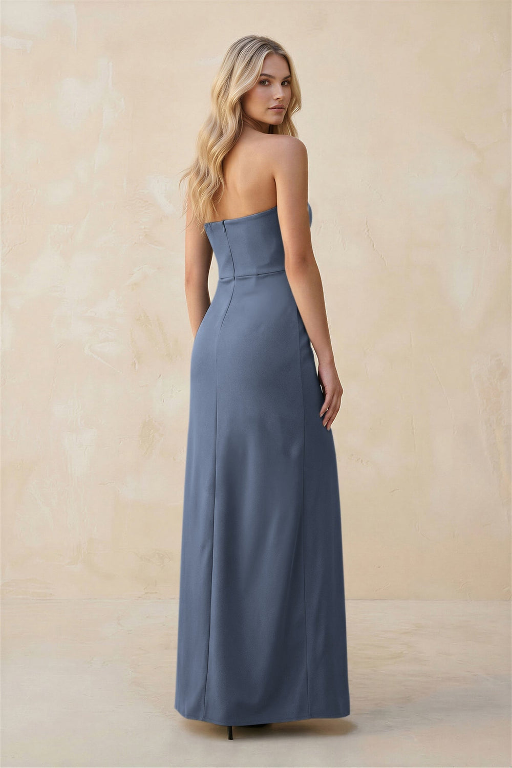 Strapless Sheath Satin Bridesmaid Dress With Slit in Neptune - KISS BRIDAL Bridesmaid Dresses