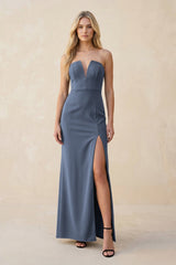 Strapless Sheath Satin Bridesmaid Dress With Slit in Neptune - KISS BRIDAL Bridesmaid Dresses