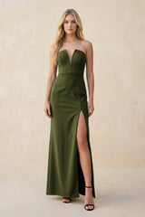 Strapless Sheath Satin Bridesmaid Dress With Slit in Olive - KISS BRIDAL Bridesmaid Dresses
