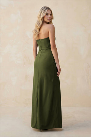Strapless Sheath Satin Bridesmaid Dress With Slit in Olive - KISS BRIDAL Bridesmaid Dresses