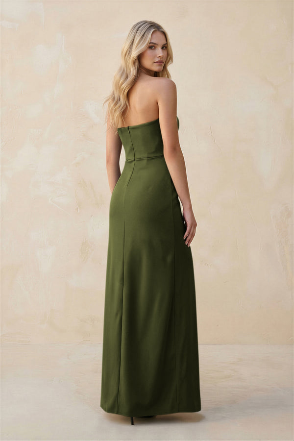 Strapless Sheath Satin Bridesmaid Dress With Slit in Olive - KISS BRIDAL Bridesmaid Dresses