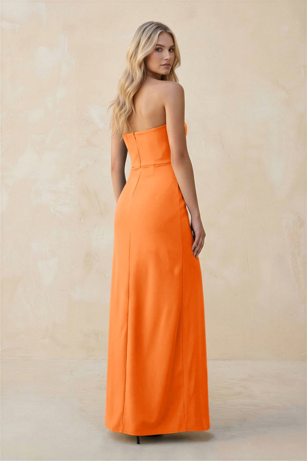 Strapless Sheath Satin Bridesmaid Dress With Slit in Orange - KISS BRIDAL Bridesmaid Dresses