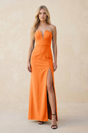 Strapless Sheath Satin Bridesmaid Dress With Slit in Orange - KISS BRIDAL Bridesmaid Dresses