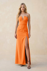 Strapless Sheath Satin Bridesmaid Dress With Slit in Orange - KISS BRIDAL Bridesmaid Dresses