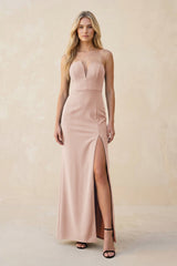 Strapless Sheath Satin Bridesmaid Dress With Slit in Pale Blush - KISS BRIDAL Bridesmaid Dresses