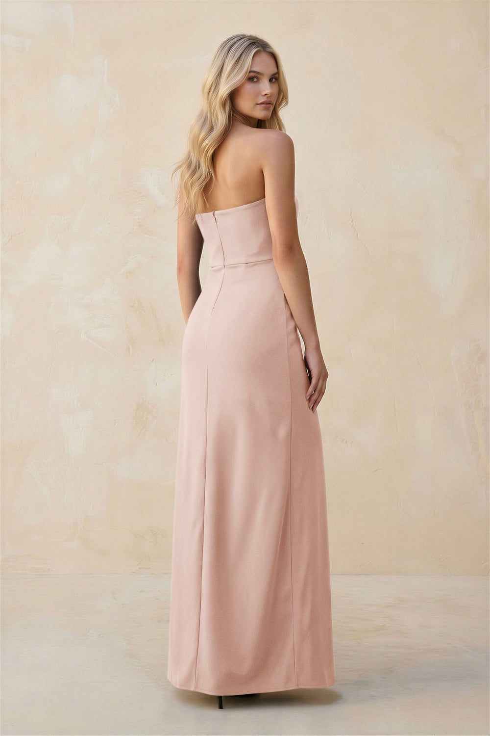 Strapless Sheath Satin Bridesmaid Dress With Slit in Pale Blush - KISS BRIDAL Bridesmaid Dresses