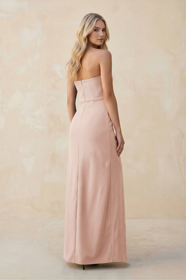 Strapless Sheath Satin Bridesmaid Dress With Slit in Pale Blush - KISS BRIDAL Bridesmaid Dresses