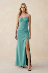 Strapless Sheath Satin Bridesmaid Dress With Slit in Pale Pistachio - KISS BRIDAL Bridesmaid Dresses